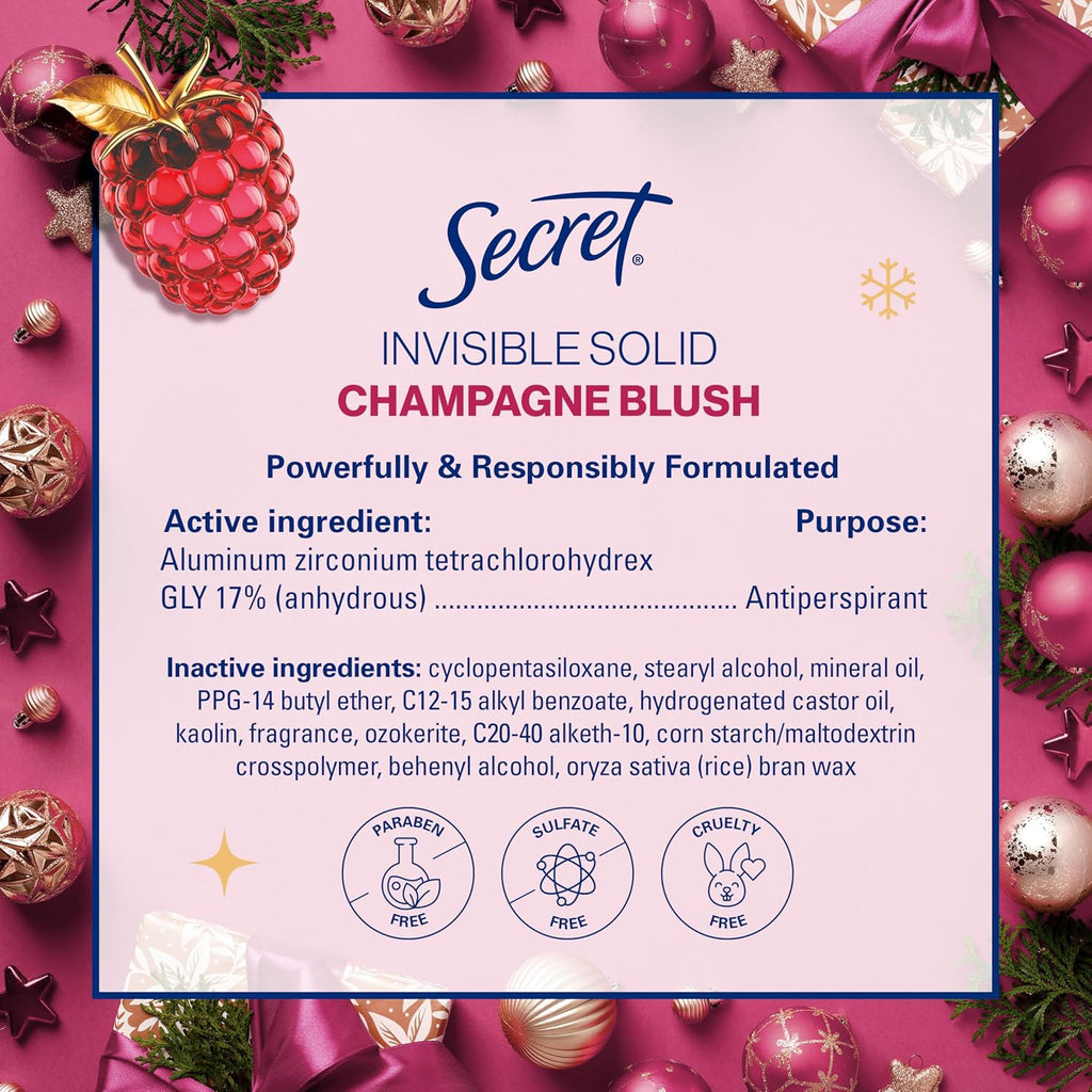 Secret Fresh Antiperspirant Deodorant. Champagne Blush Scent. 2.6oz | 72 Hour Holiday Sweat & Odor Protection with Pro-Hyaluronic Acid. Limited Edition Invisible Solid. pH Balancing Minerals