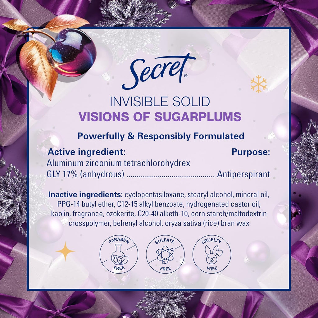 Secret Fresh Antiperspirant Deodorant. Visions of Sugarplums Scent. 2.6oz | 72 Hour Holiday Sweat & Odor Protection with Pro-Hyaluronic Acid. Limited Edition Invisible Solid. pH Balancing Minerals