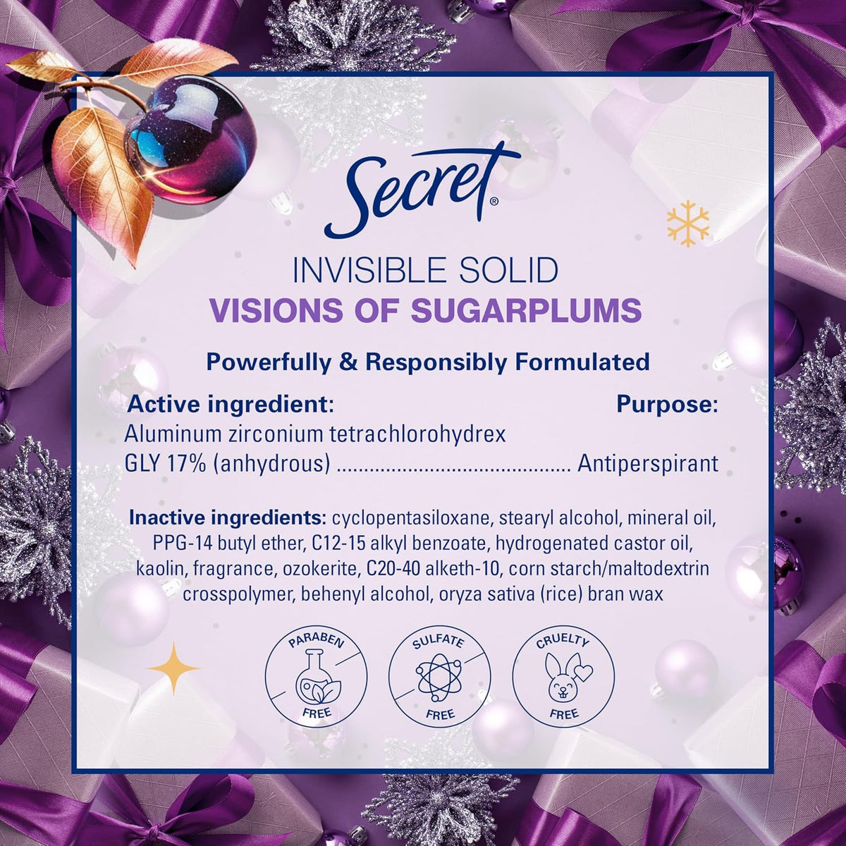Secret Fresh Antiperspirant Deodorant. Visions of Sugarplums Scent. 2.6oz | 72 Hour Holiday Sweat & Odor Protection with Pro-Hyaluronic Acid. Limited Edition Invisible Solid. pH Balancing Minerals