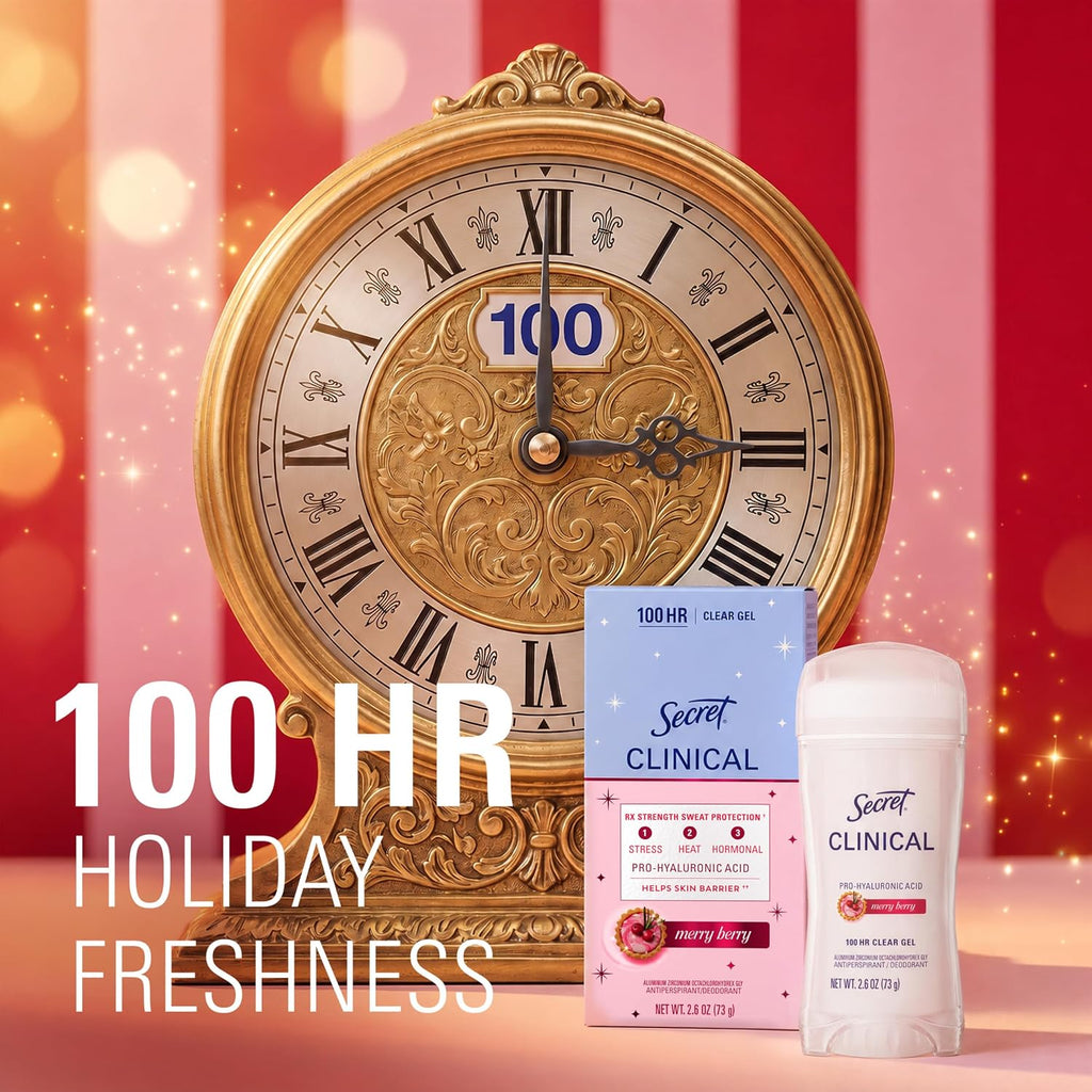 Secret Clinical Strength 100HR Sweat & Odor. Clear Gel Antiperspirant Deodorant for Women. 3X Stress Protection with Hyaluronic Acid. PH Balancing Minerals. Merry Berry Scent. 2.6 oz