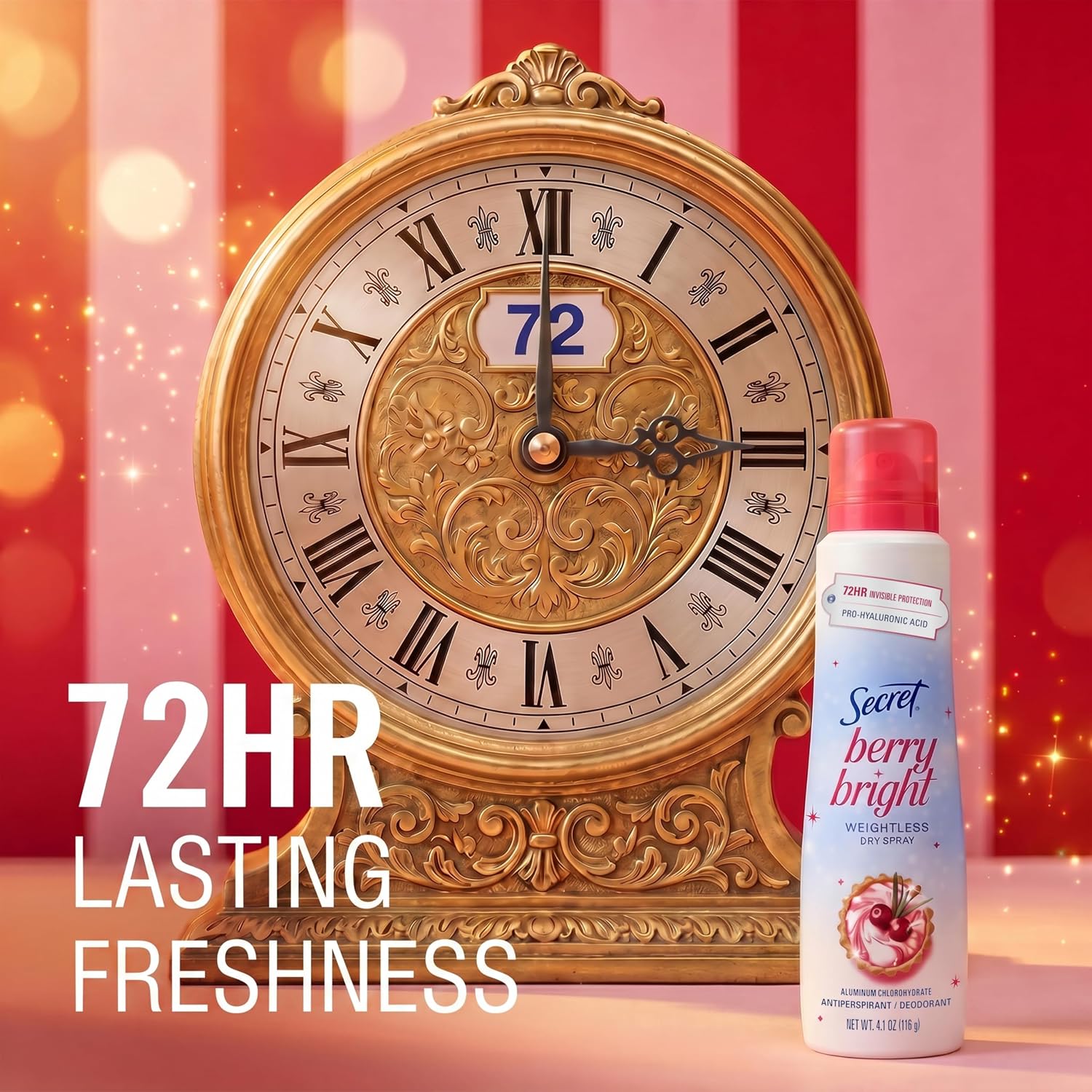 Secret Dry Spray Antiperspirant Deodorant for Women. 72hr Holiday Freshness. Pro-Hyaluronic Acid. PH Balancing Minerals. Invisible Spray. Berry Bright Scent. 4.1 oz