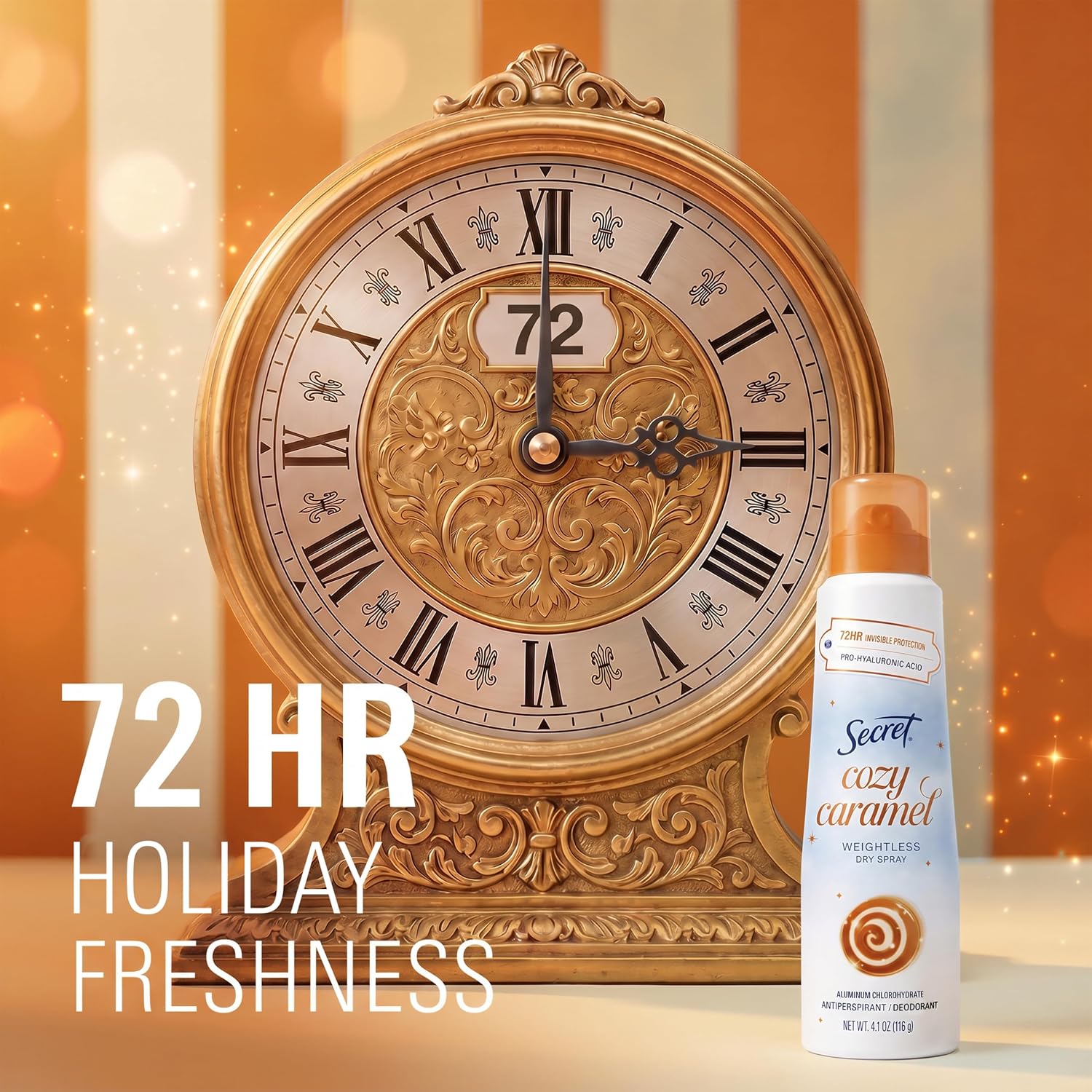 Secret Dry Spray Antiperspirant Deodorant for Women. 72hr Holiday Freshness. Pro-Hyaluronic Acid. PH Balancing Minerals. Invisible Spray. Cozy Caramel Scent. 4.1 oz