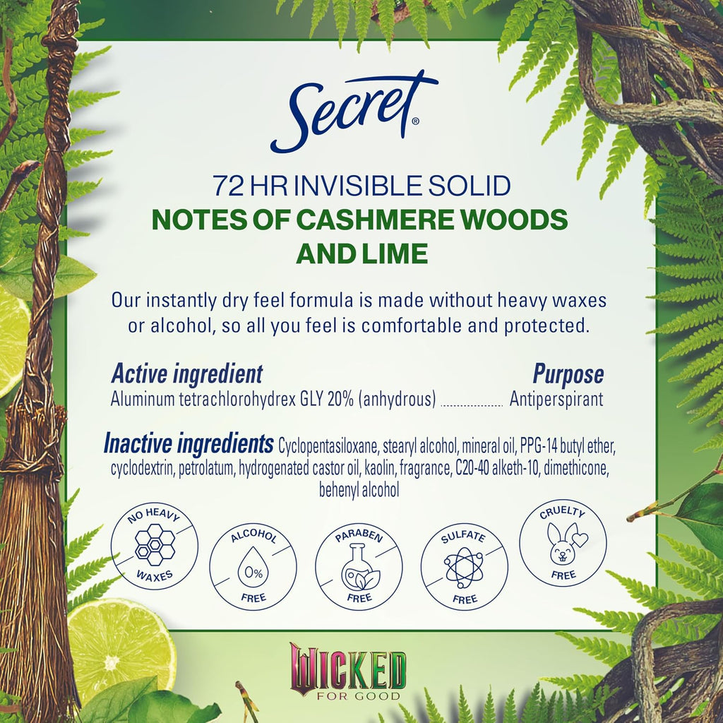 Secret Clinical Strength Antiperspirant Deodorant for Women. Wickedly Wonderful. 3X Sweat Protection. 72hr Sweat & Odor Protection. PH Balanced. Invisible Solid. Cashmere Woods & Lime Scent. 2.6 oz