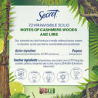Secret Clinical Strength Antiperspirant Deodorant for Women. Wickedly Wonderful. 3X Sweat Protection. 72hr Sweat & Odor Protection. PH Balanced. Invisible Solid. Cashmere Woods & Lime Scent. 2.6 oz